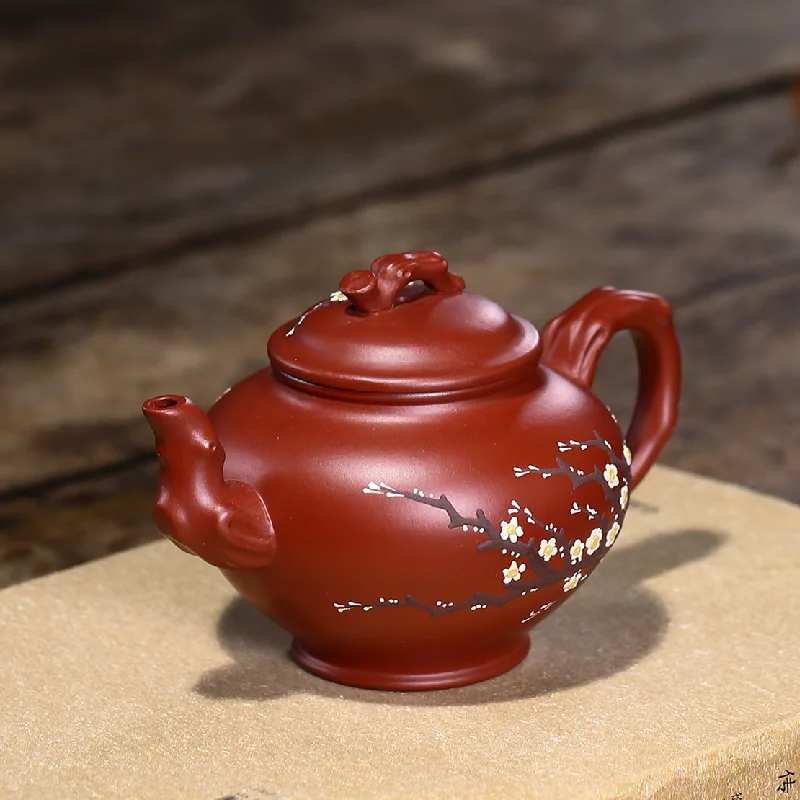 Chinese Style Plum Blossom Pattern Teapot, Purple Clay Raw ore Dahongpao, Kung Fu Household, Handmade, 230ml Pot, New, 1Pc