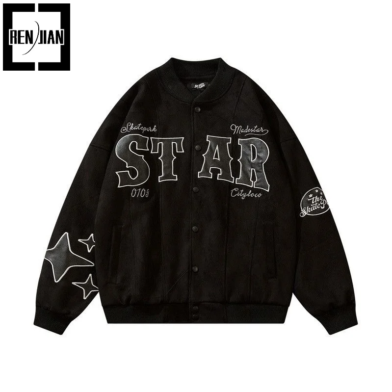 

Fashion Hi Street Suede Baseball Jacket With Furry Embroidery Oversize Hip Hop Varsity Letterman Coat Loose Fit Outerwear