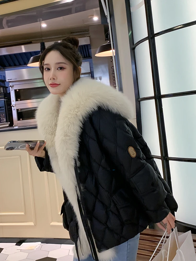 가벼운 인조 여우 모피 세일러 칼라, 밝은 색상 다운 코튼 재킷, 중간 길이 코트 파카