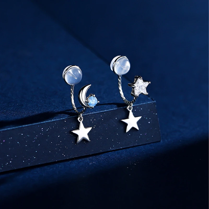 

925 Sterling Silver Simple Star Moon Asymmetric Clip Earrings For Women Without Piercing Painless Ear Clips Student Jewelry Gift