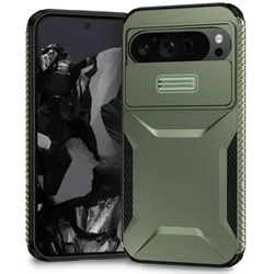 3-in-1 Hybrid Heavy Duty Armor Phone Case with Slide Window and Hard Back Cover for Pixel 9 Pro (Army green)