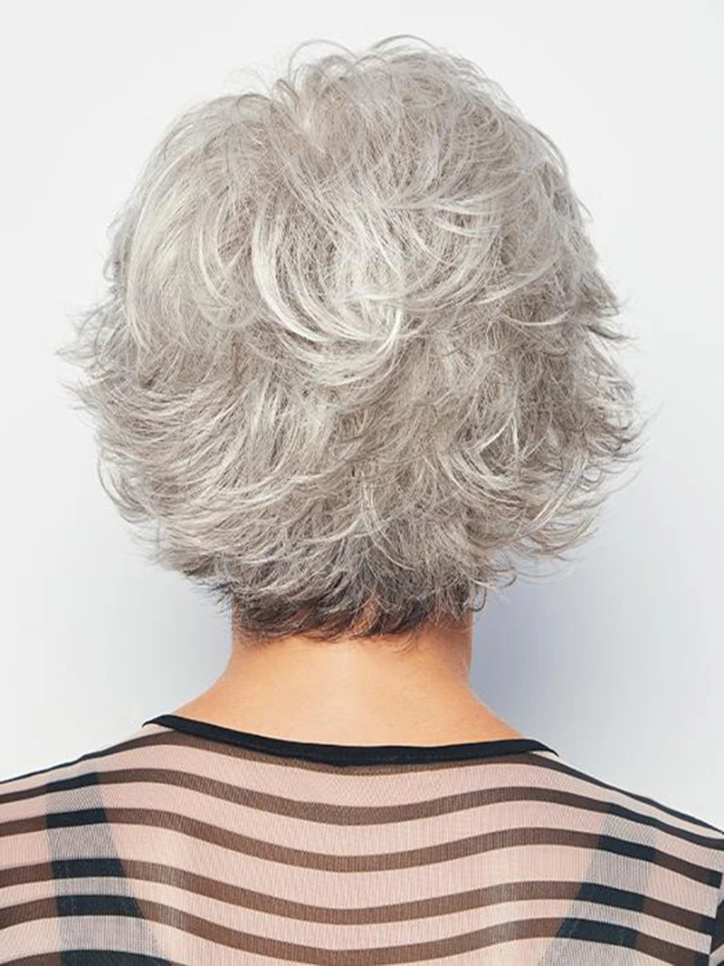 Grey Short Wavy Synthetic wigs for women Princess Hair Layered Haircut Wig + wig caps with bangs wigs for cancer patients
