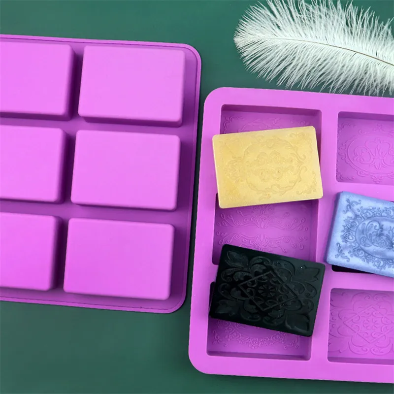 Silicone Mold 6 grid Handmade Soap Floral Pattern Flat Bottom Essential oil Toilet Soap DIY Baking Cake Square
