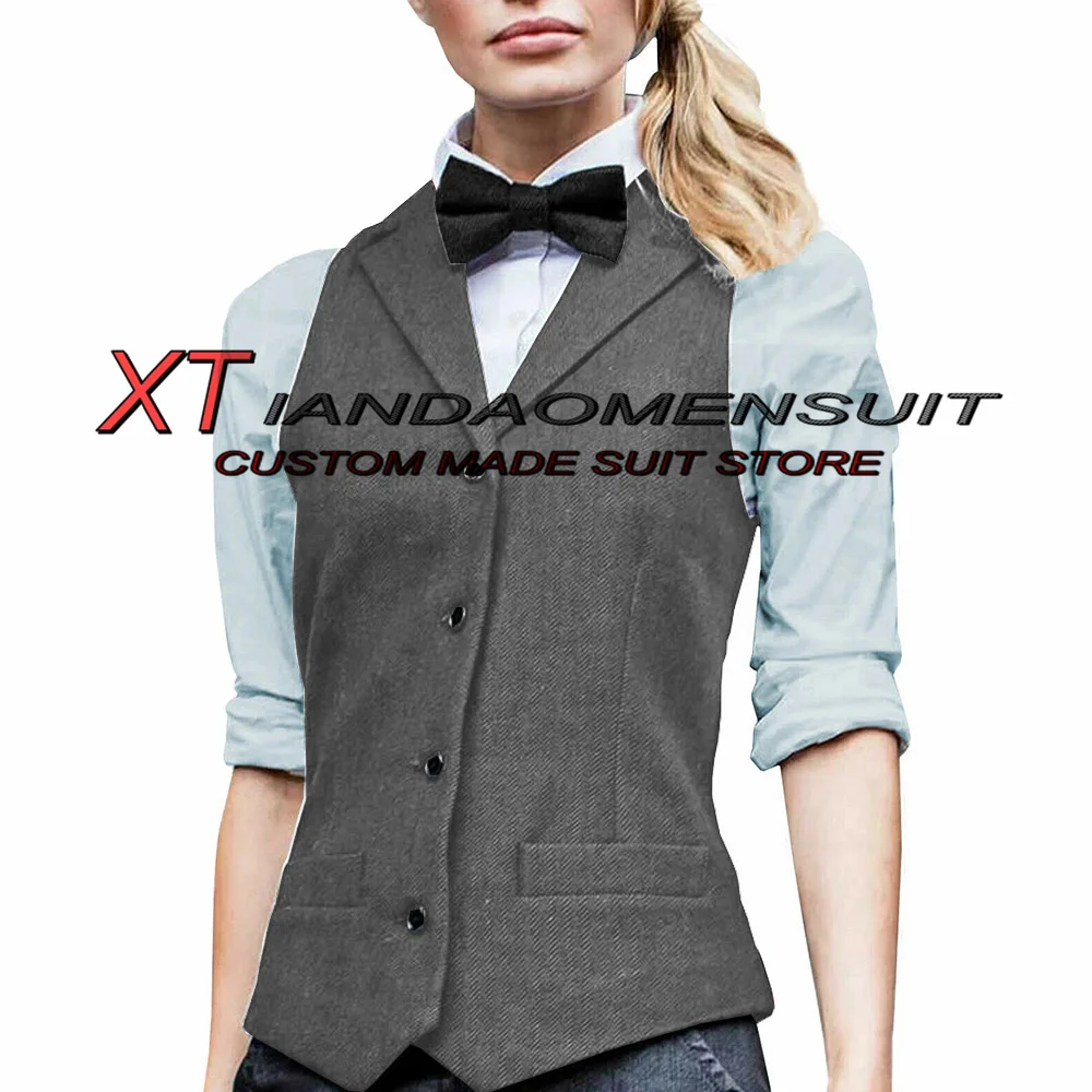 Women's Vest Herringbone Vintage Wool Sleeveless Jacket Lapel Formal Slim Fit Waistcoat Fully Lined Workwear