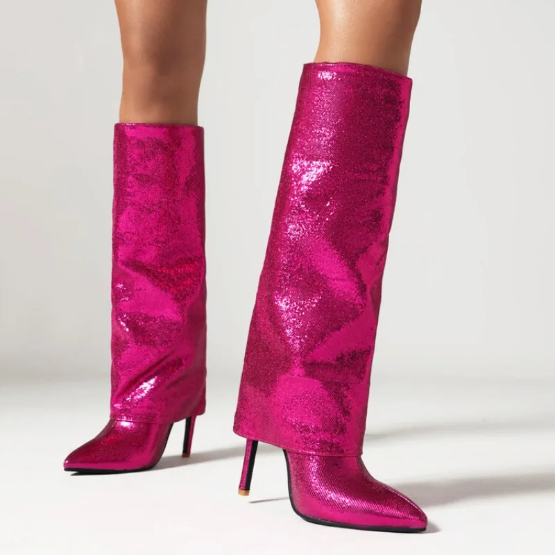 

2023 Shiny Plaid Leather Knee Boots 35-47 Cloth Top Pointed Women's Boots Fashion Street Performance Boots Night Dancers' Boots