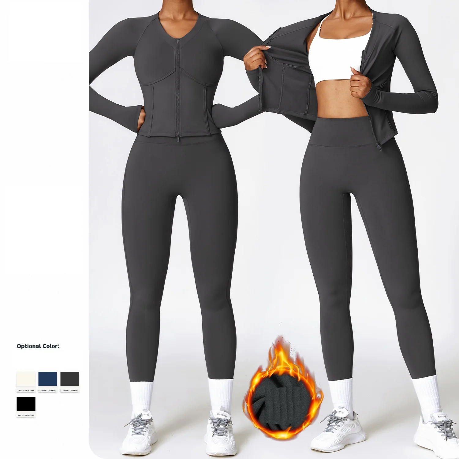 Spicy Girl Fashion Sports Style New Winter Plush Warm Long Sleeve Zipper Yoga Dress Tight Running Fitness 2-piece Set custom logo underwear for men long johns base layer sports fitness leggings tight undershirts