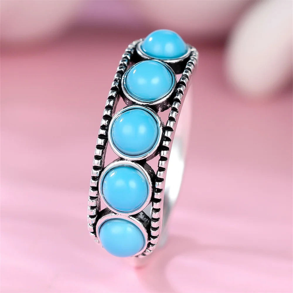 Single Row Blue Round Stone Simulated Turquoise Rings For Women Vintage Silver Color Ring Wedding Jewelry Bridal Versatile Gifts