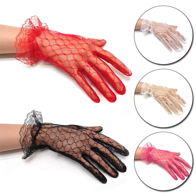 1Pair Women Lace Gloves Sheer Mesh Full Finger Mittens Wedding Party Bridal Gloves Summer Uv-proof Driving Gloves