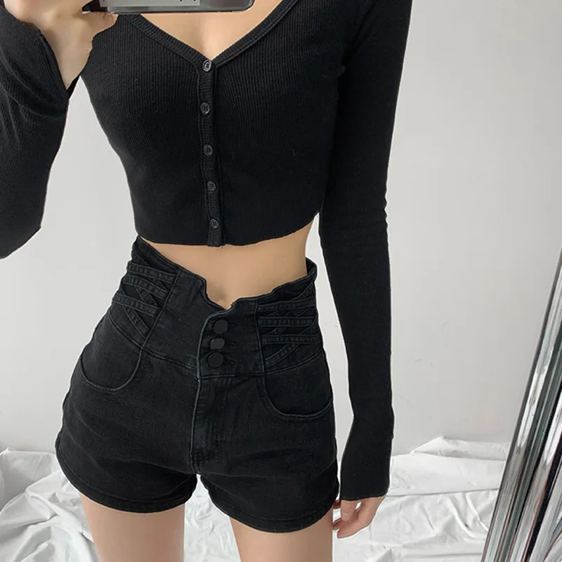Shorts Women Summer High Waist Denim Criss-cross Design Korean Hot Girls Simple All-match Popular Retro A-line Slim Chic