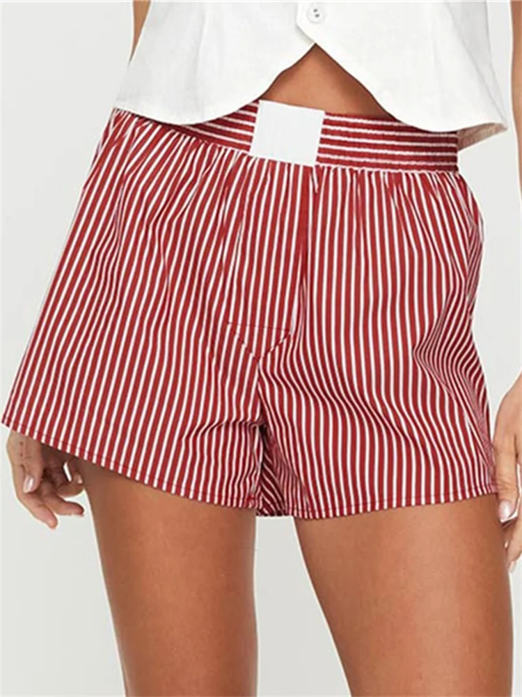 Women Summer Casual Pajama Shorts Kawaii Striped Boyshorts Elastic Loose Fit Button Lounge Bottoms Pj Y2K Home Suit_ecoleips.com
