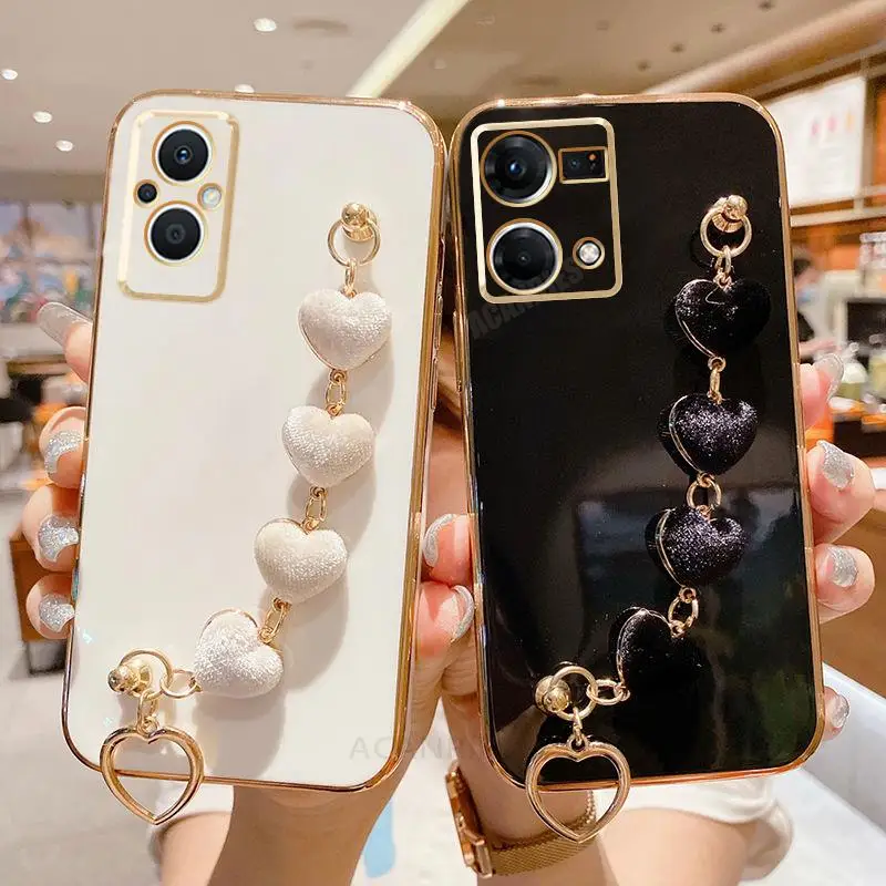 Reno7 Love Heart Bracelet Chain Plating Silicone Phone Case by Realme