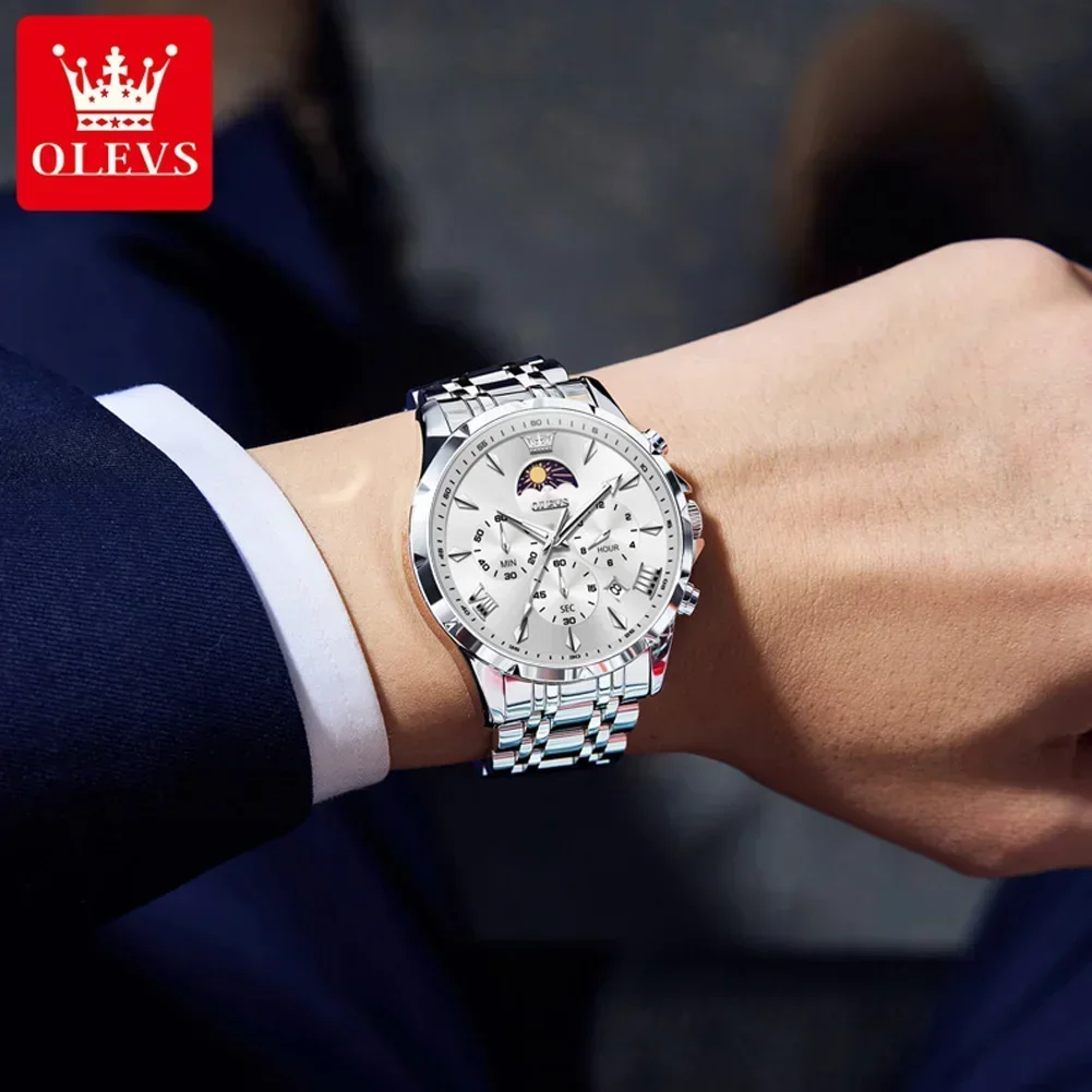 OLEVS Men's Stainless Steel Waterproof Quartz Watch with Moon Phase and Luminous Calendar