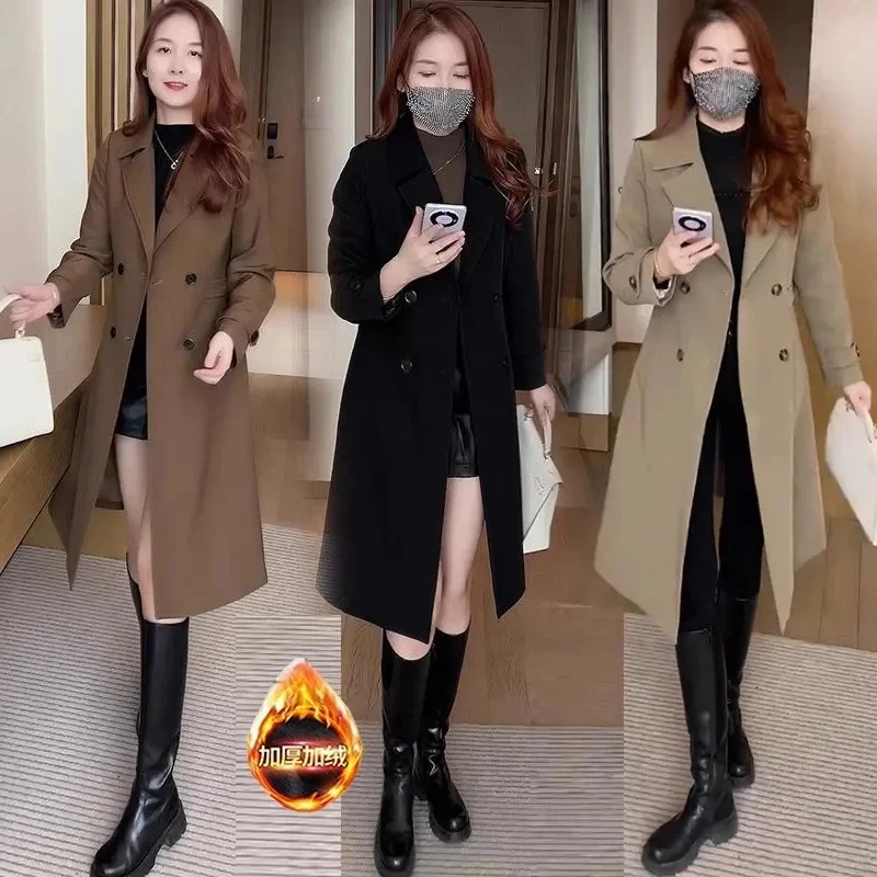 Windbreaker Jacket For Women In Autumn And Winter New With Added Velvet and Thick Thickness Long Over the Knee Suit Collar Coat