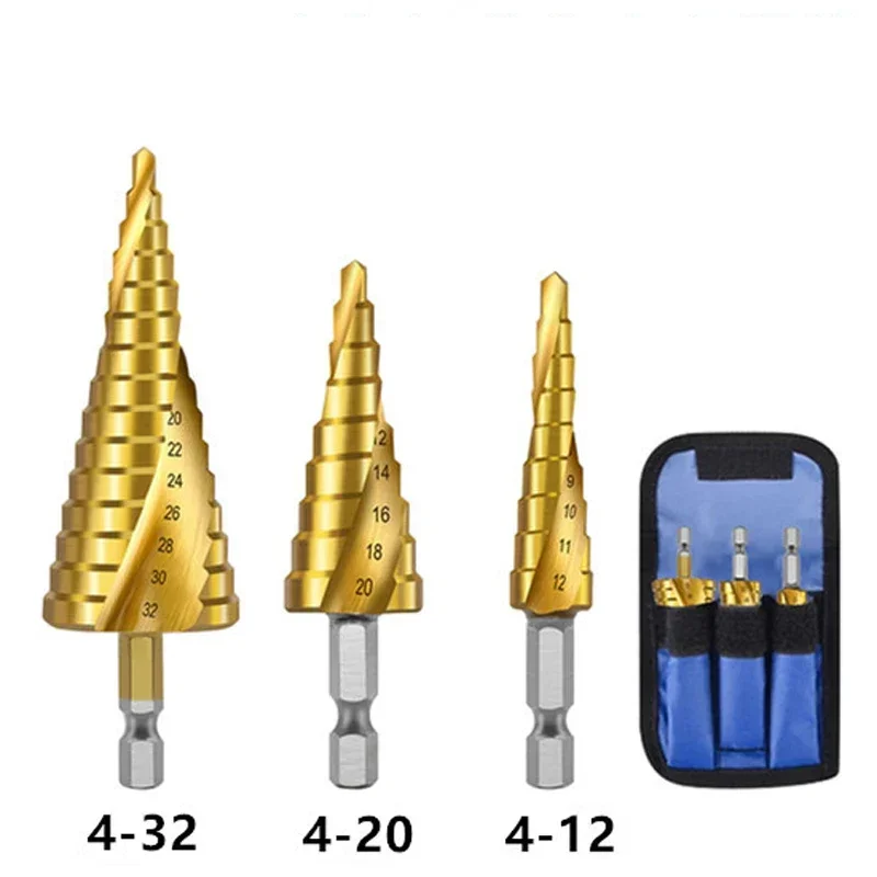 3Pcs/set Drilling Titanium Cutter HSS Bit Wood Tools Metal 4-12mm Coated Groove Core 4-20mm Straight Step Hole Spiral Drill 3pcs 3 12mm 4 12mm 4 20mm hss straight groove step drill bit set titanium coated wood metal hole cutter core drilling tools set