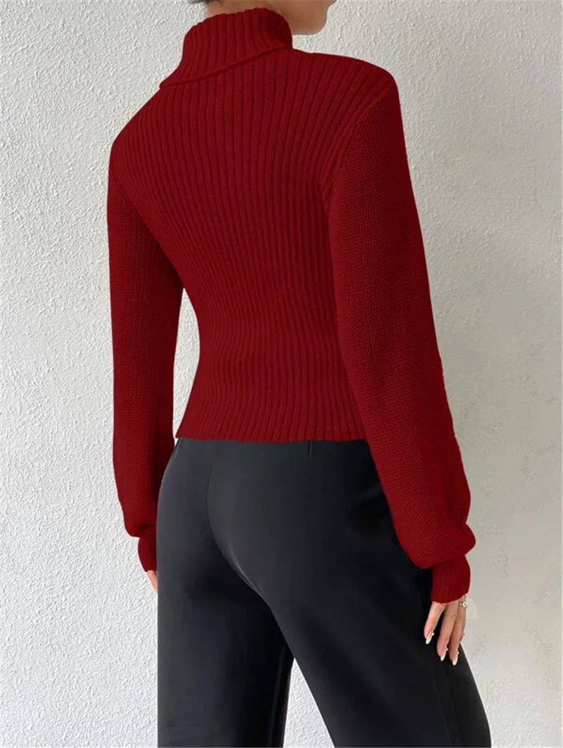 Hollow Out Knit Sweater Pullover For Women Turtleneck Fashion Ribbed High Street Long Sleeve Knitwear Loose Sweater Female