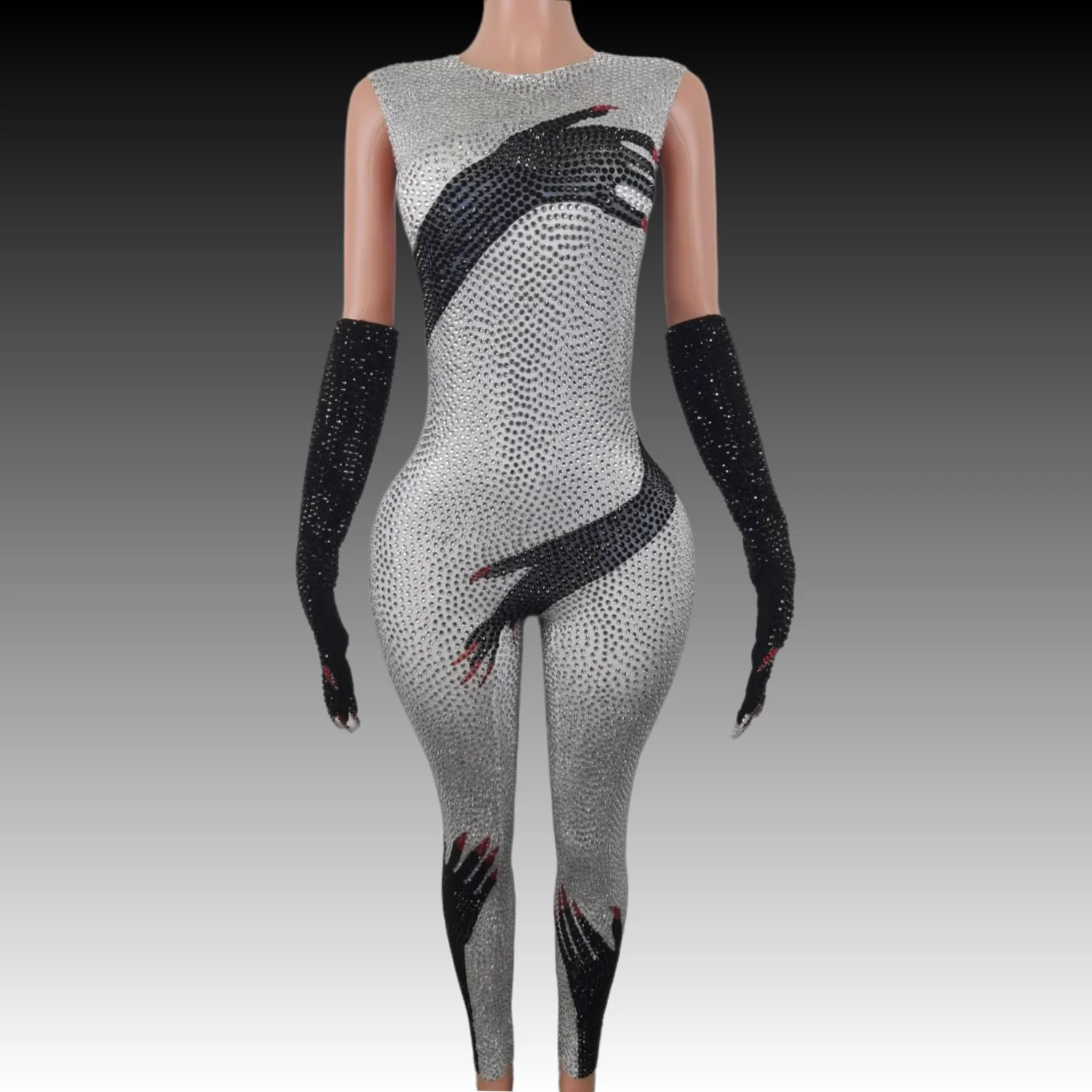 Sexy Jumpsuit Sparkly Rhinestones Jumpsuit Gloves for Women Stretchy Tights Jumpsuit Performance Dance Outfit Singer Stage Wear