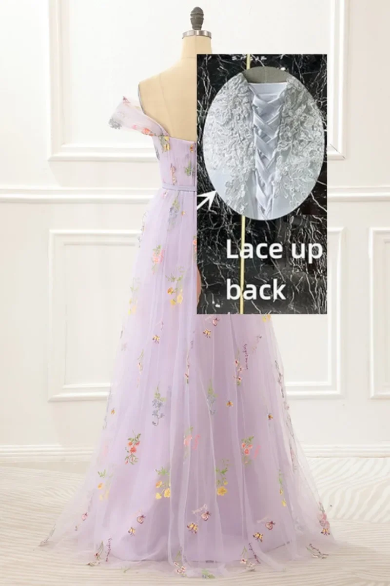 Elegant Boat Neck Tulle Evening Long Dress 2024 Summer Sweet Embroidery Prom Gowns Vintage Flower Vestidos Noche Party Dresses