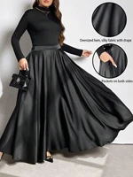 Plus-Size Women's Elegant Solid Color Flared Skirt, Elastic Waist at the Back, with Pockets, Suitable for All Seasons