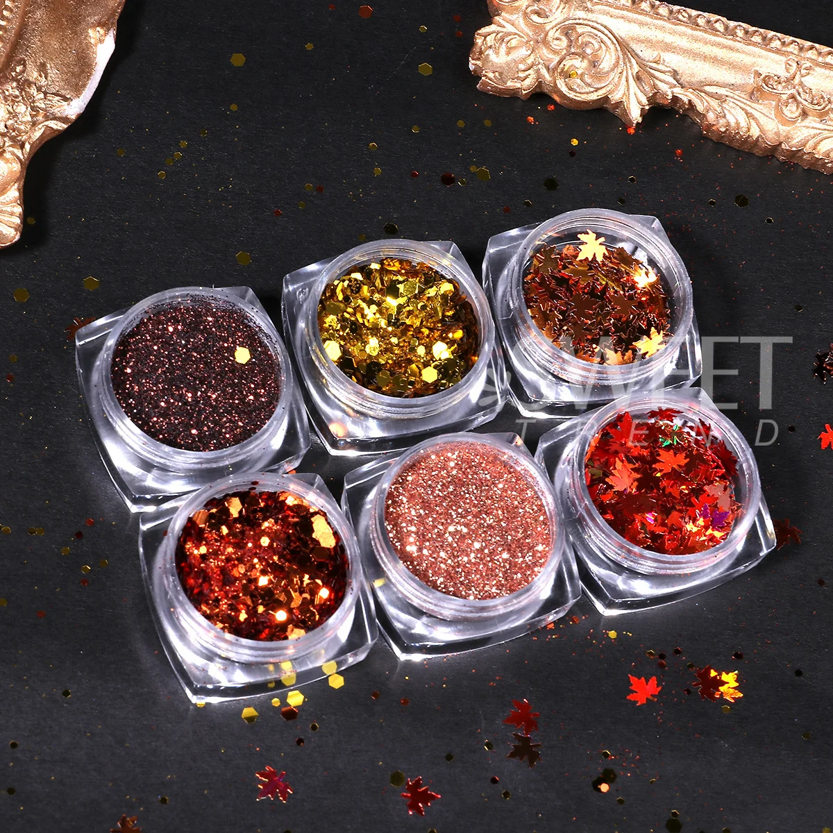 6 Bottle Autumn Winter Nail Glitter Flakes Maple Leaves Hexagon Diamond Powder Sequins Golden DIY Charm Manicure Supplies Flash