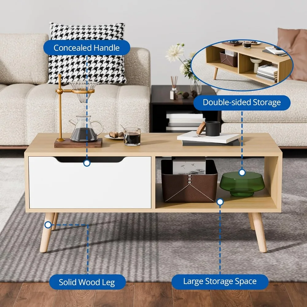 Modern Wooden Coffee Table with Storage, Minimalist Hallway Mid Century Cocktail Table for Living Room Apartment Reception, Oak 4