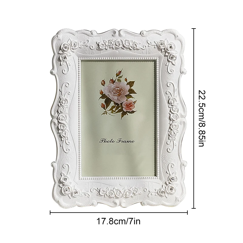 6/7/8inch Retro White Photo Frame European Style Resin Rose Flower Poster Picture Frame Stand Home Office Tabletop Decoration