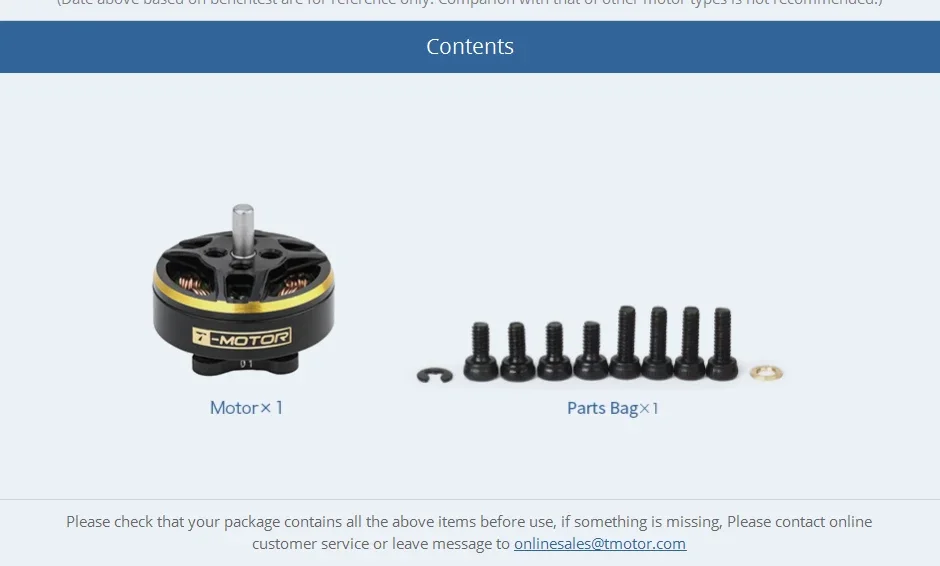 T-MOTOR products include motors and parts bags. Verify contents before use and contact support for any missing items.