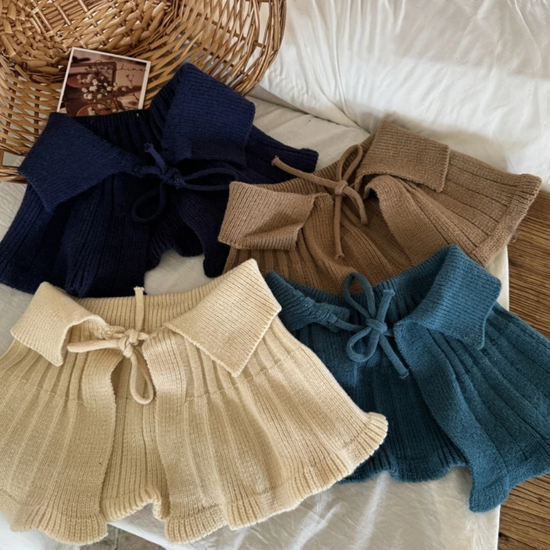 Solid Color Knitted Shawl for Baby Girls, Soft & Comfortable Warm Strap Tied False Collar Children Removable Collar