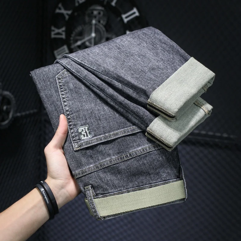 High-End Embroidery Soft Stretch Gray Jeans Men's Spring and Summer Trends Slim Fit Skinny Casual Skinny Pants