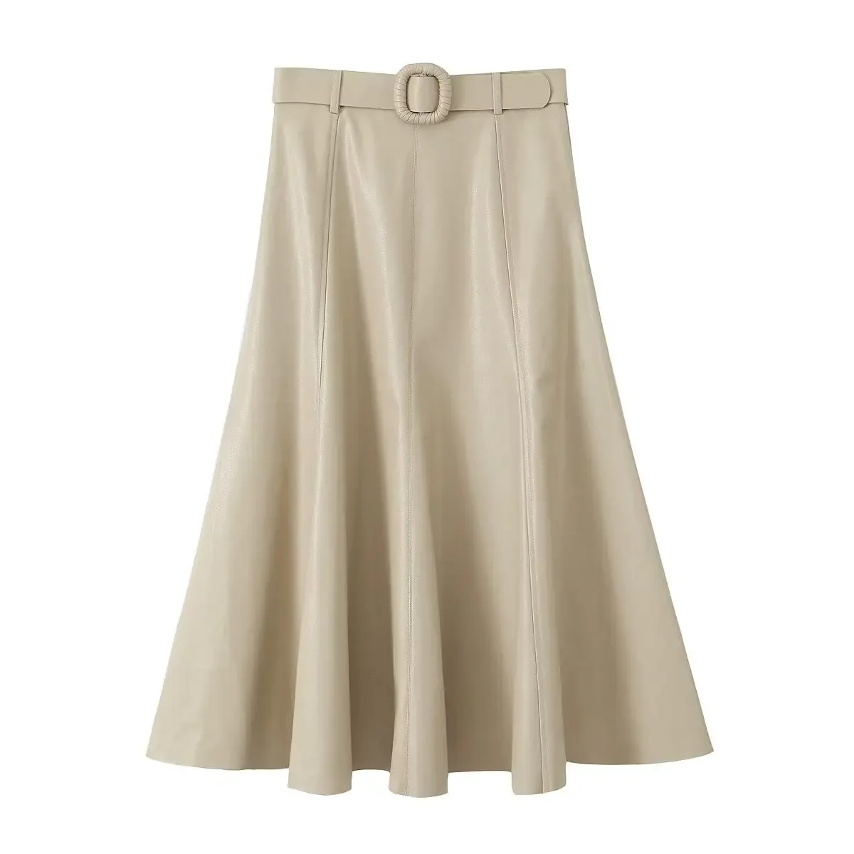 

Women's Clothing Autumn 2023 New Chic Fashion Imitation Leather Midi Skirt Retro High Waist With Belt Side Zipper Skirt Mujer
