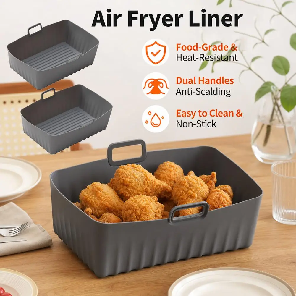 Set of 2 Reusable Non-Stick Silicone Air Fryer Liners - Rectangular Dual Basket Inserts
