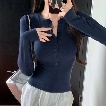 Spring Women's Slimming Base Layer Top Long Sleeve T-Shirt Half Open Collar Button Basic Tops Y2K 3