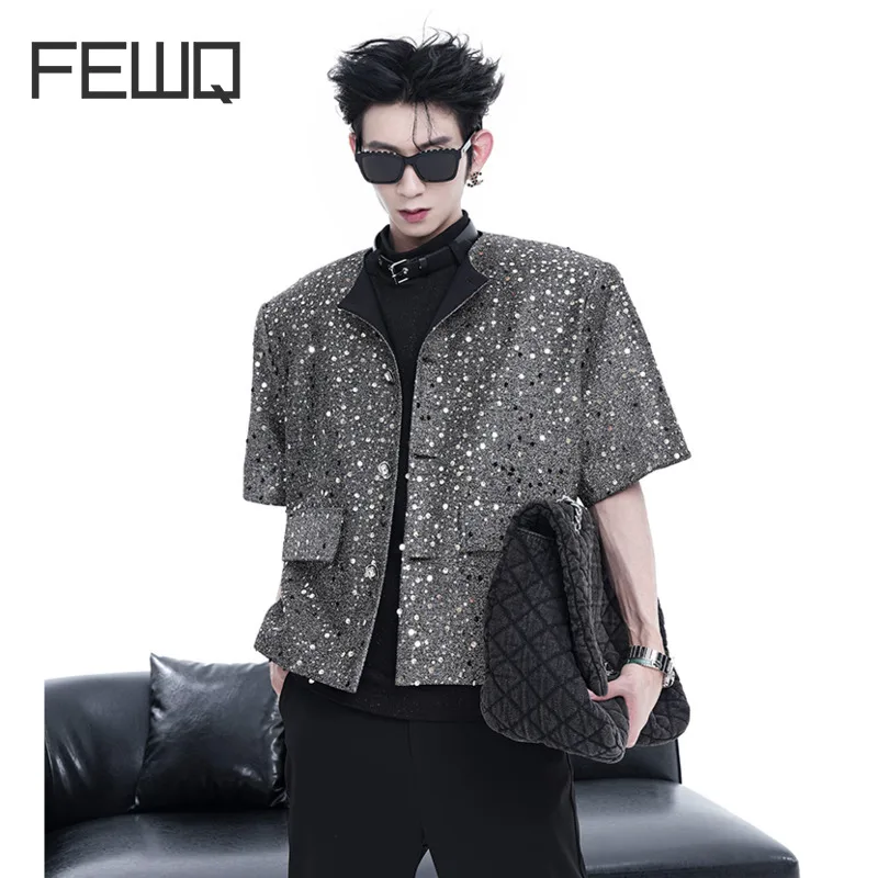 FEWQ Summer New Men's Jackets Casual Sequin Short Sleeve Senior Sense Short Coat Single Breasted Men Shoulder Pad Top 24X9090