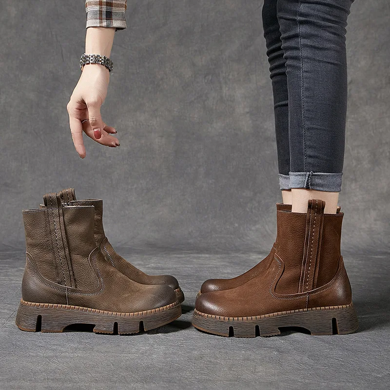 Botines De Piel Auténtica Para Mujer Hechos A Mano - Punta Puntiaguda, Tacón Bajo Y Corte En V