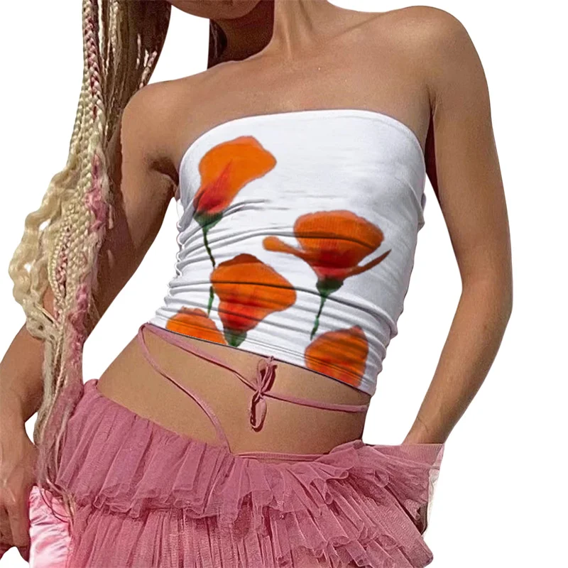 Top de tubo Y2K para mujer, con estampado floral estético, hombros descubiertos, sin tirantes, sin mangas, estilo bandeau, chaleco de los años 2000, ropa de calle para fiesta