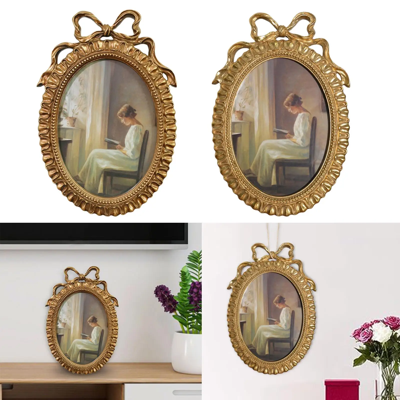 Resin Oval Picture Frame 25.5x17.5cm Tabletop Display and Wall Hanging Handmade Retro Styled for Office Studio Accessory Elegant