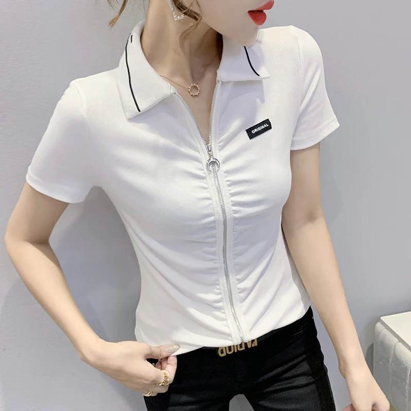 

2023 New Summer Korean Clothes Cotton T-Shirt Chic Sexy Turn-down Collar Embroider Zipper Women Short Sleeve Tops Hot Tees 32413
