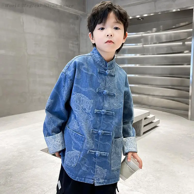 Boys Chinese Tang Costume Child Hanfu Coat Chinese Style Jacket Button Down Qipao Top Adult Shirt Kong Fu Clothing