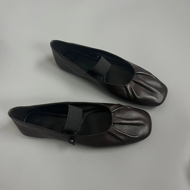 Jenny&Dave Slip-On Loafers New French Retro Fashion Ladies Flat Shoes Pleated Women Shoes Simple Genuine Leather Soft Casual