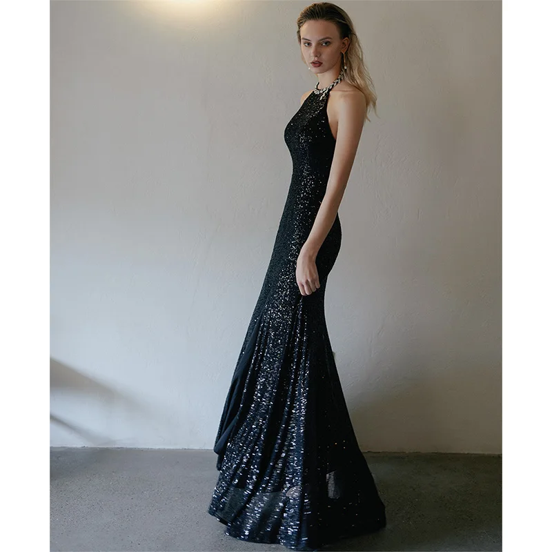 

Evening gown, haute couture, black sequin French dress, light luxury, niche engagement dress, bride's fishtail cocktail dress