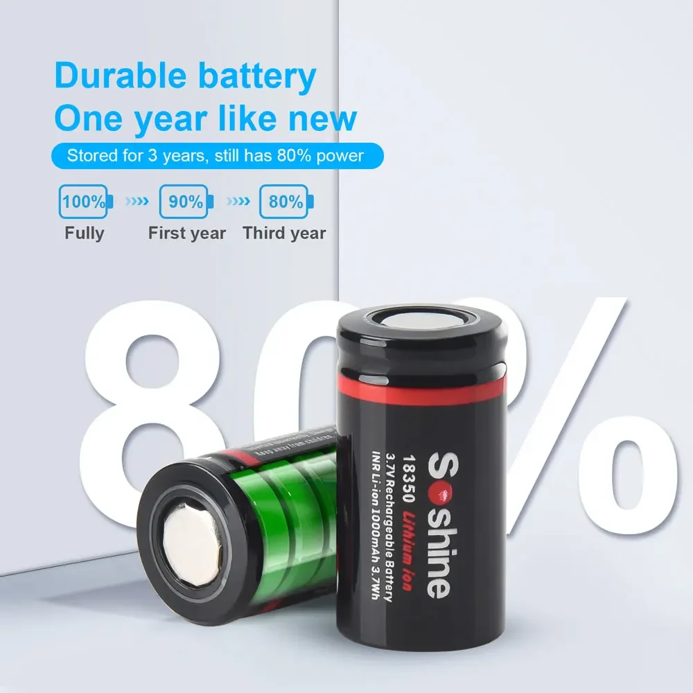 Soshine 3.7V 18350 1000mAh Rechargeable Battery 1000mAh Lithium Batteries Li-ion Battery 1000 Times Cycle Charge Full Time 1h 5