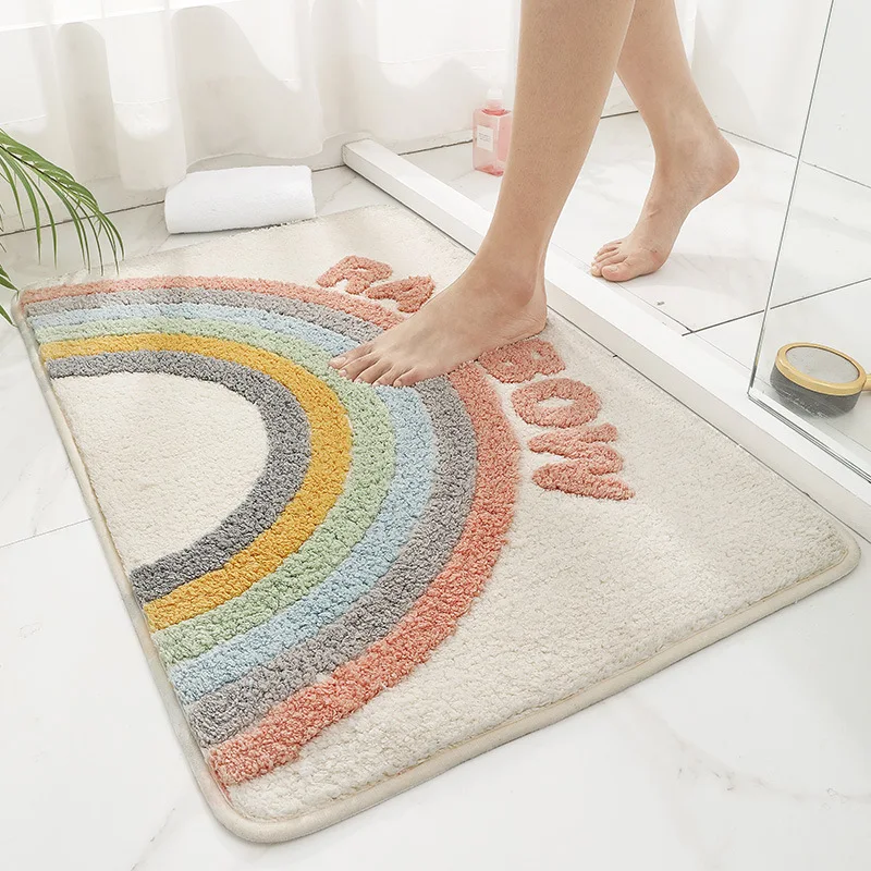 

Rainbow Tufted Bathmat Soft Mat Bathroom Rug Carpet Function Entrance Floor Anti Slip Pad Aesthetic Home Room Decor