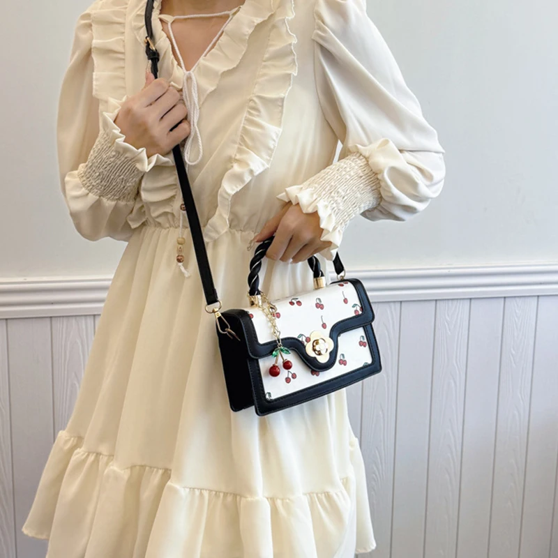 Fashion Cherry Print Top-Handle Bag Ladies Sweet Crossbody Bag Luxury Brand Small Square Bag 2024 Women High Quality Sling Purse