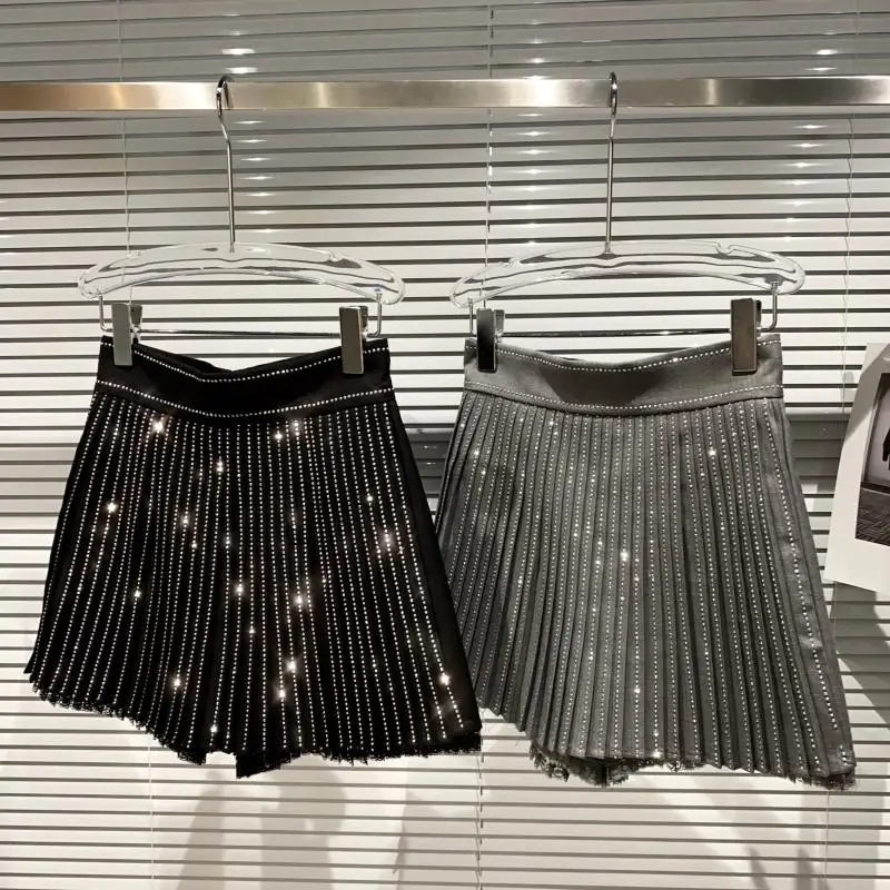 

Fall 2022 new vertical strip rhinestone sparkle lace lace pleated wide leg shorts women's trouser skirt skirts for women