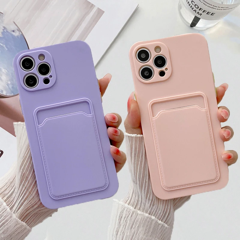 

Card Bag Holder Silicone Phone Case For iPhone 14 13 12 11 Pro Max XR XS Max X 15 Plus Camera Protection Wallet Soft Back Cover