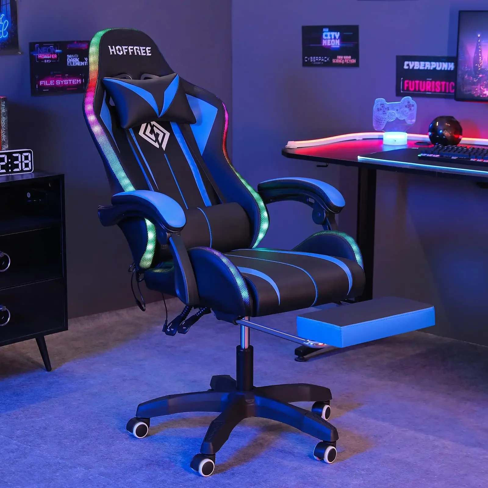 

Игровой стул с Bluetooth-динамиками и RGB-подсветкой, эргономичный массажный стул для видеоигр с подставкой для ног, высокой спинкой и поясницей