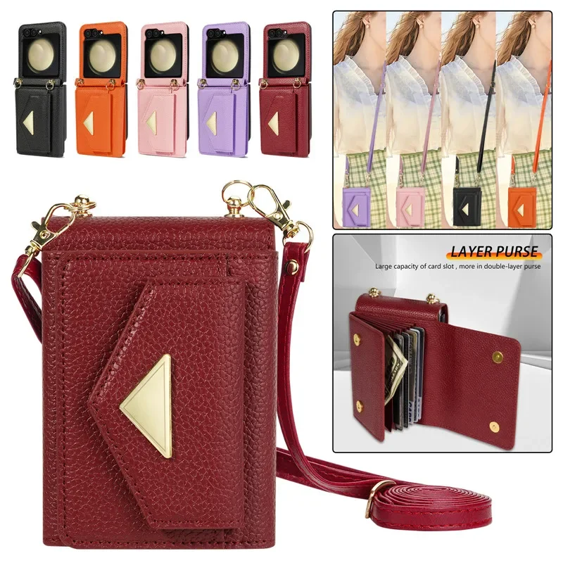 

Long Lanyard Leather Wallet Card Phone Case for Samsung Galaxy Z Flip 5 4 3 Flip5 Flip4 Flip3 Crossbody Purse Flip Stand Cover