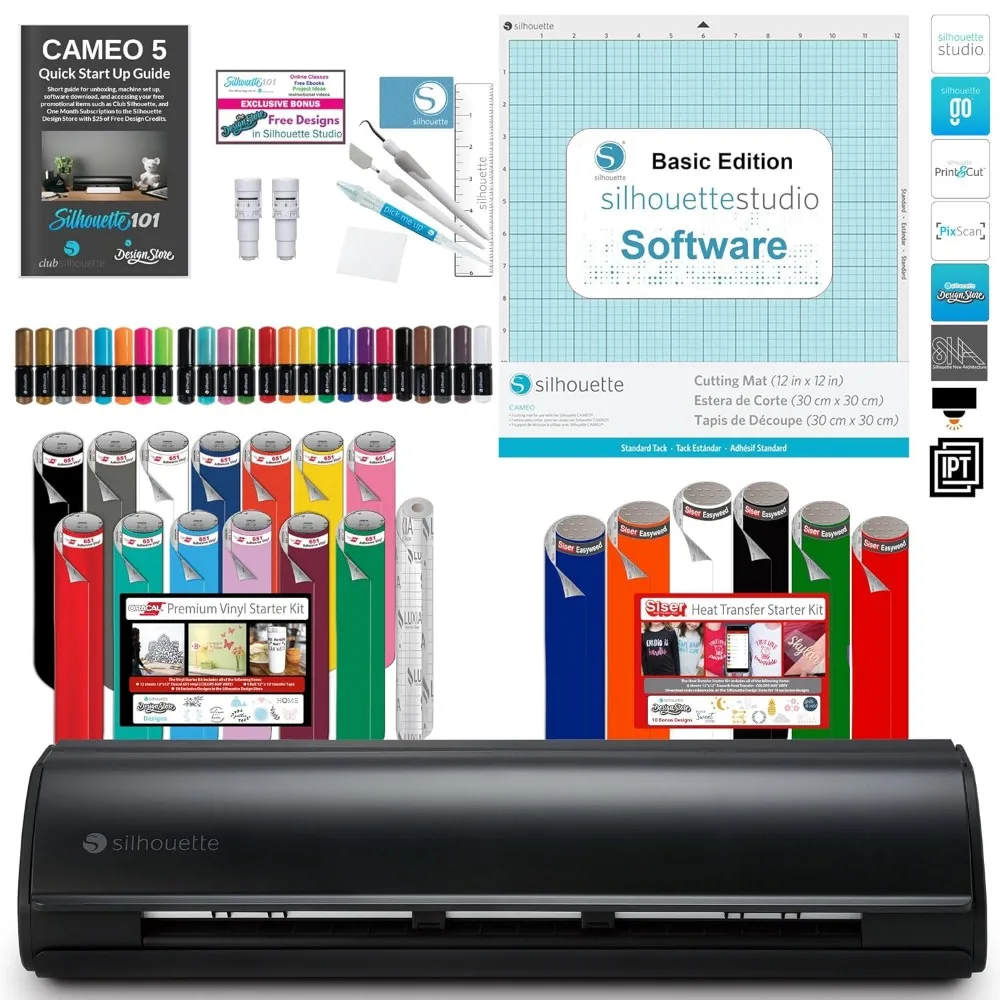 

Silhouette Cameo 5 Bundle with Vinyl Starter Kit, Heat Transfer Starter Kit, 24 Pack of Pens, Tool Kit, (Matte Black)