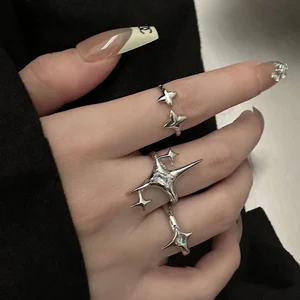 Парные кольца с крестом и звездой для женщин и мужчин, винтажные Регулируемые кольца в готическом стиле, серебристого цвета, ювелирные изделия в подарок, Y2K Egirl