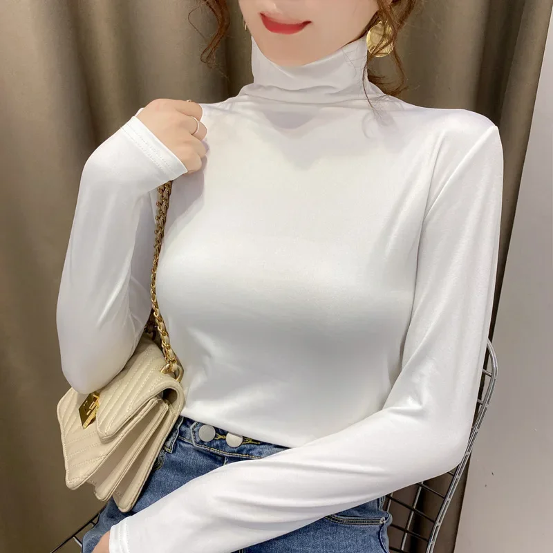 양털 안감 슬리밍 솔리드 컬러 여성 탑 가을/겨울 다목적 긴 소매 폴로/터틀 넥 베이스 레이어 탑