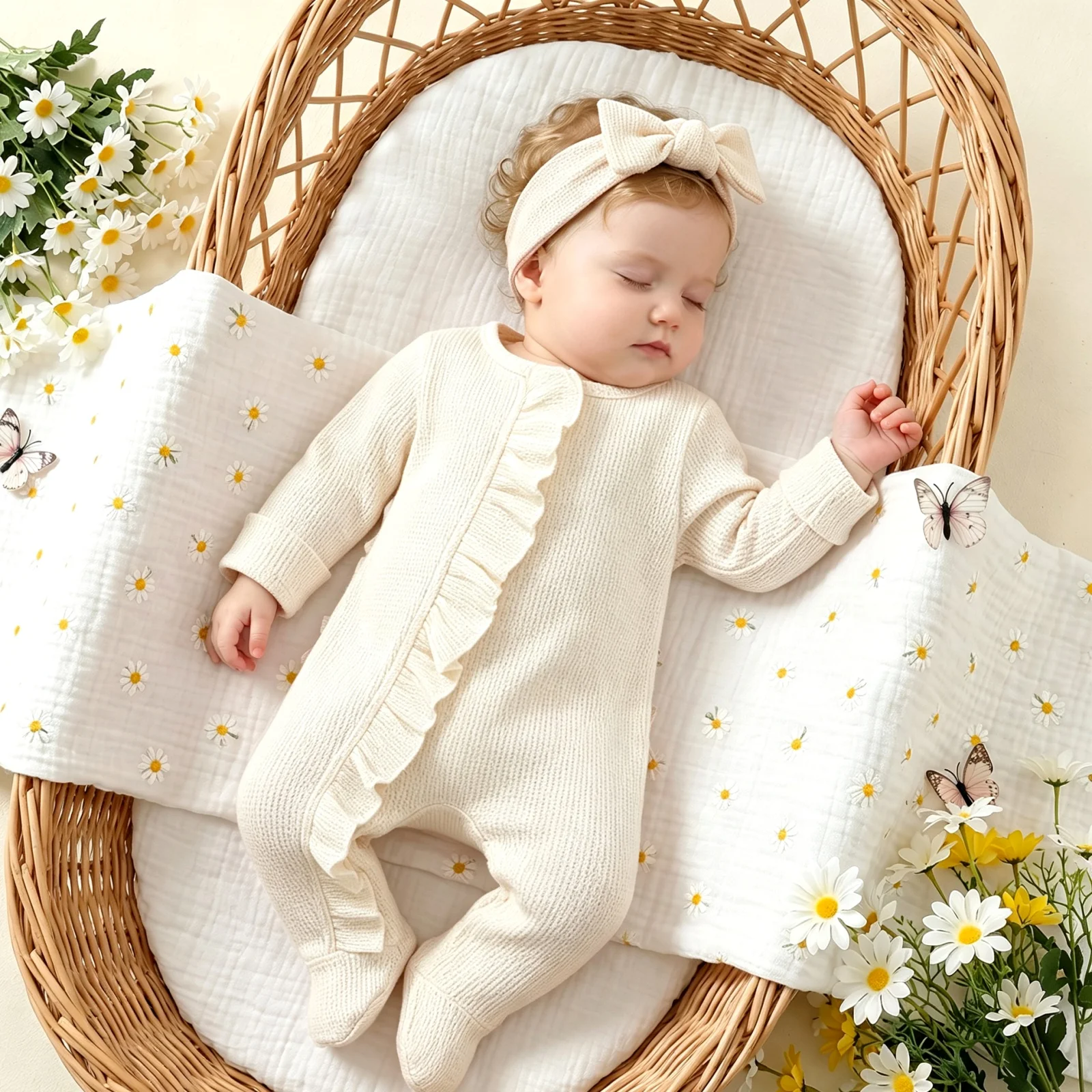 0-6M Neonato Footies Tuta con fascia Ragazze Ragazzi Abbigliamento Infantile Tinta unita Manica lunga Volant Pagliaccetto Abiti - immagine 6